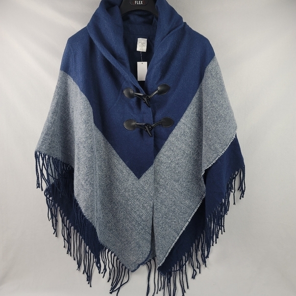Sears Sweaters - NWT Soft toggle button Blue Colorblock fringe poncho Cape I37